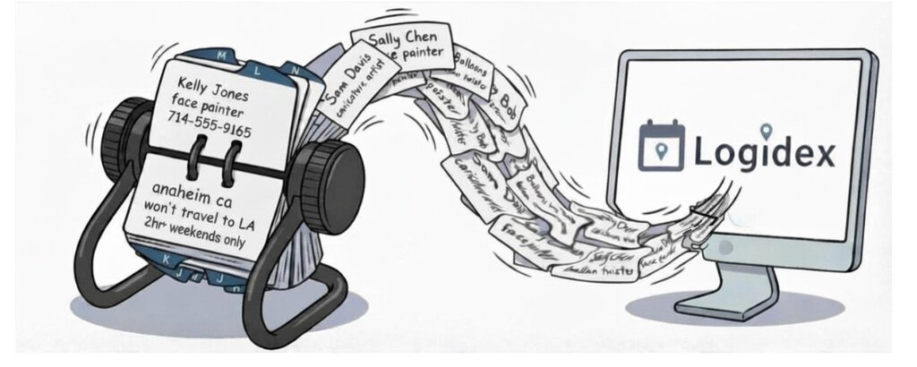 A Rolodex on the left, its cards streaming across and transforming into the Logidex app on a computer screen on the right.
