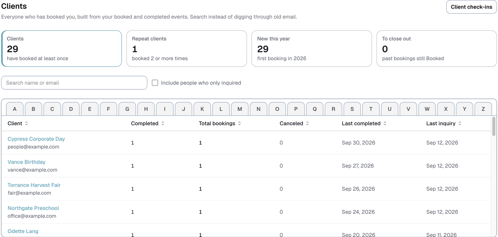 Client list with booking history