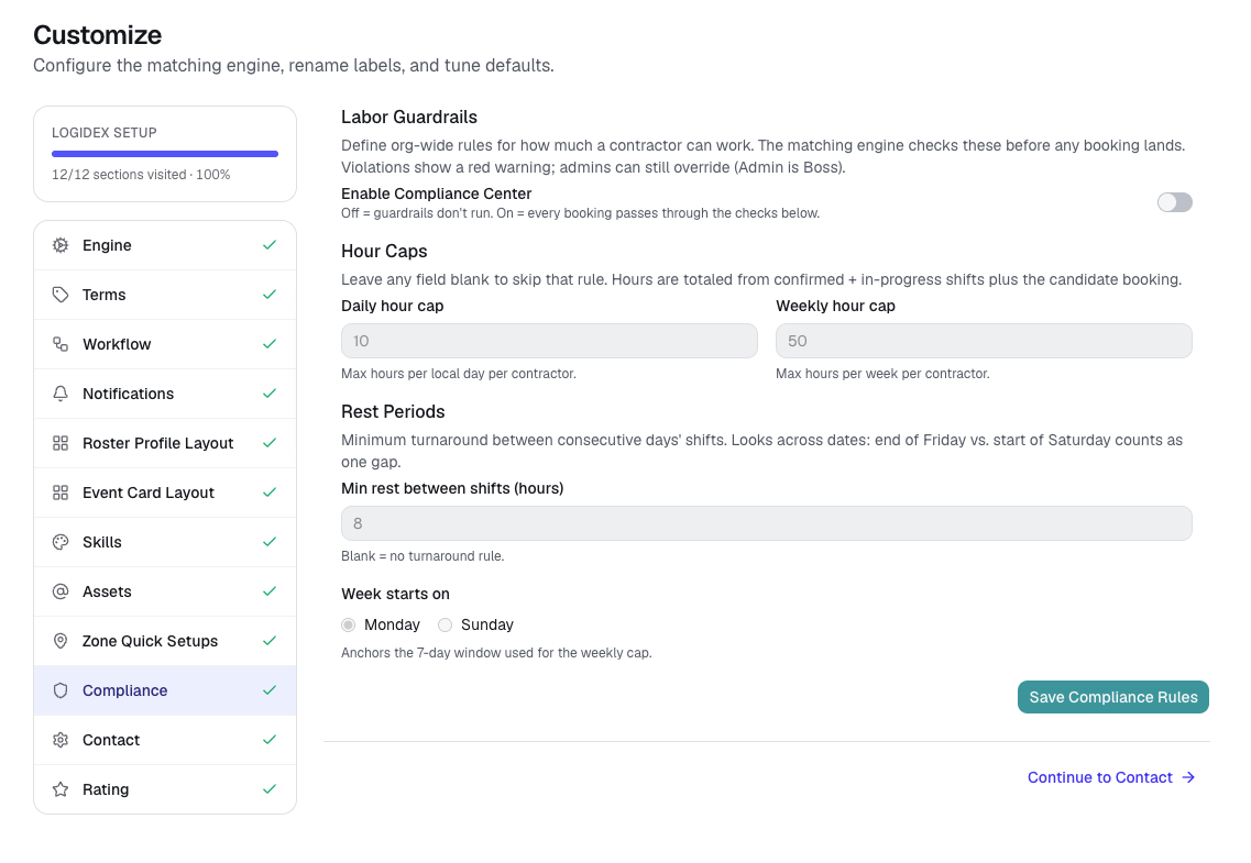 Compliance customization