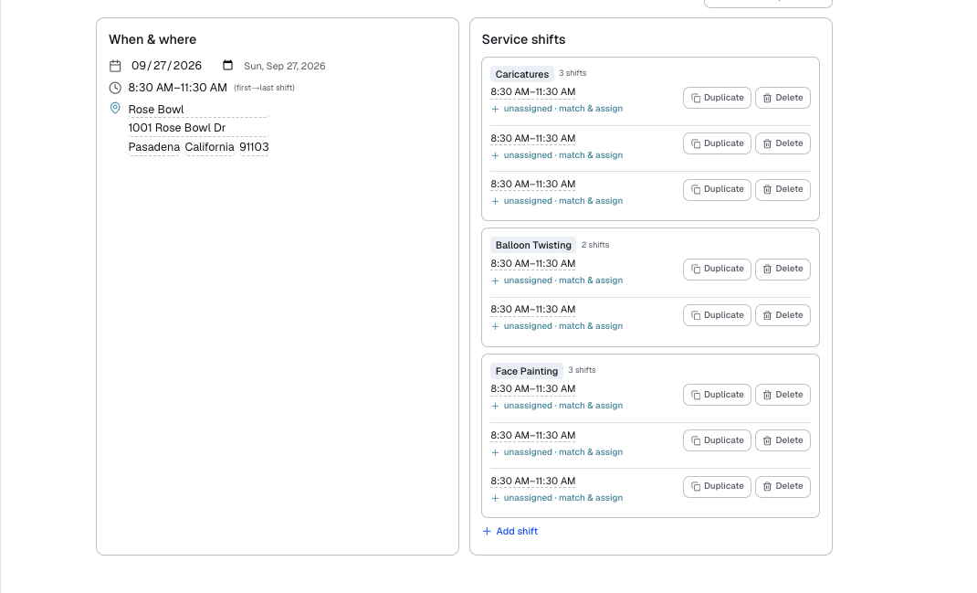 Match and assign service shifts