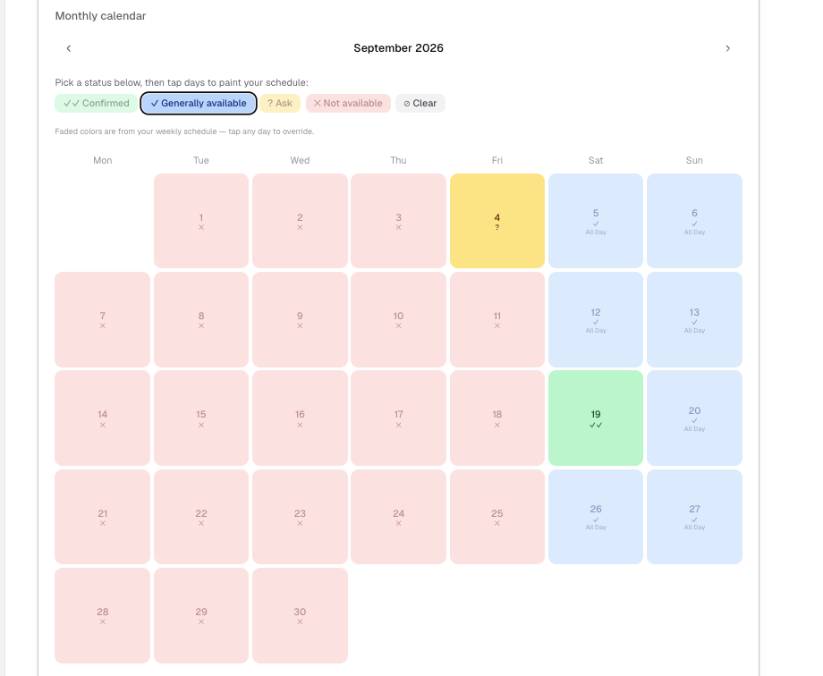 Monthly availability calendar