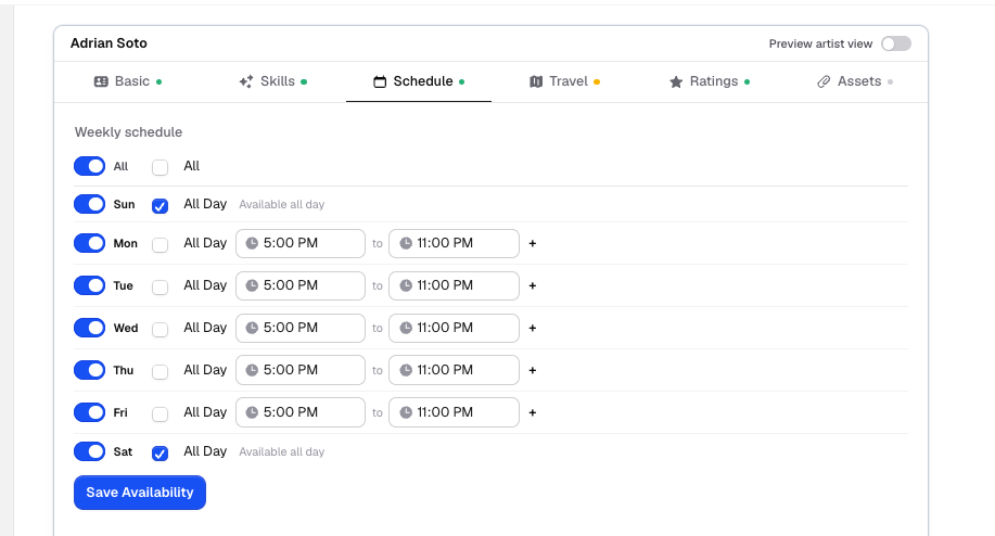 Weekly schedule