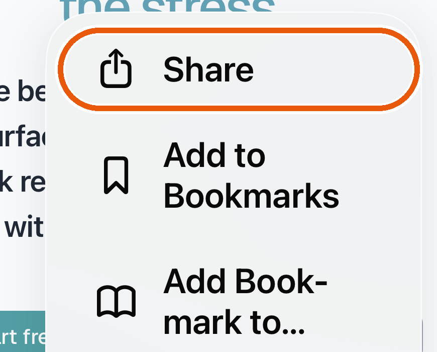 the Safari menu open, with Share circled at the top