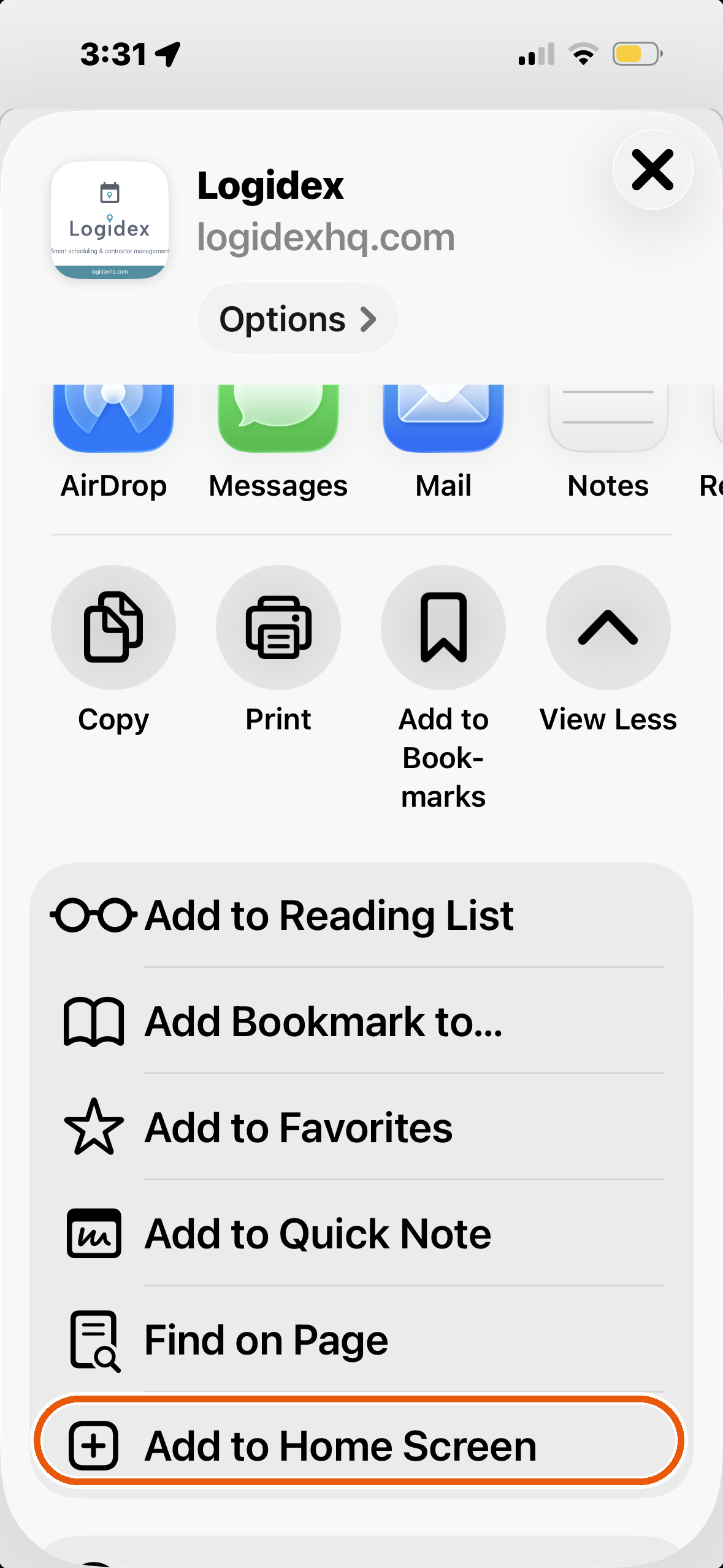 the Share panel, with Add to Home Screen circled near the bottom of the list