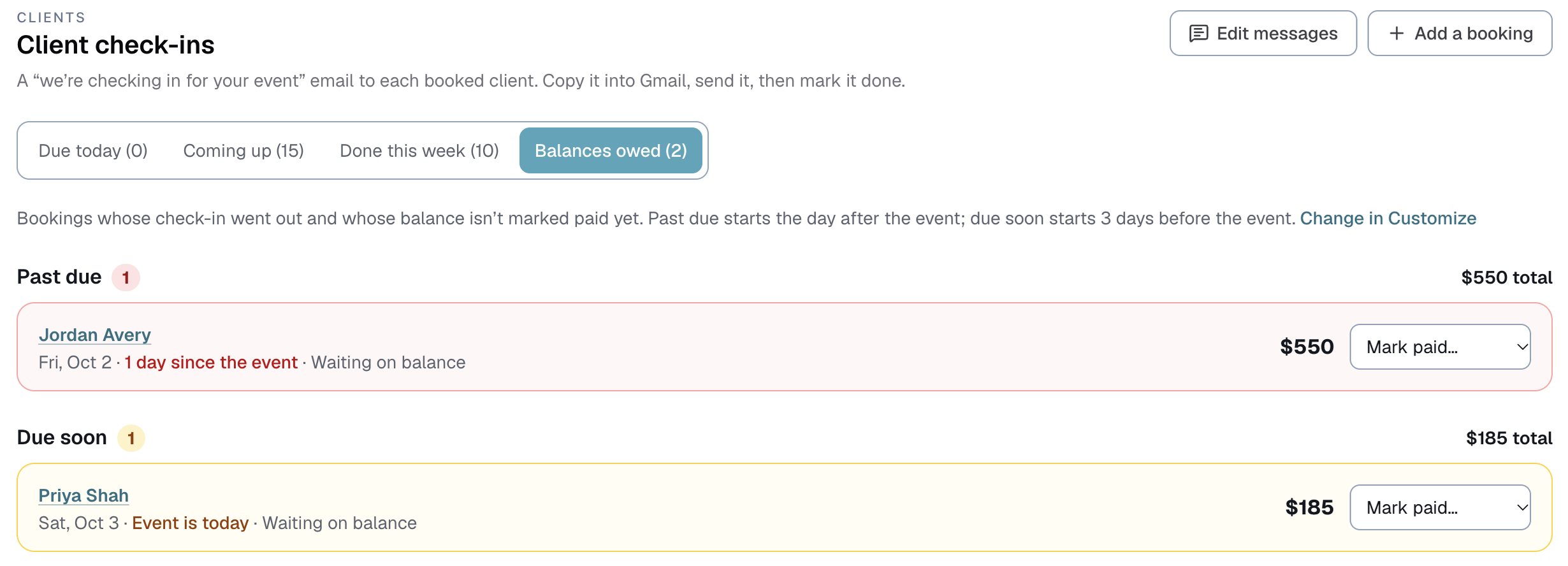 the Balances owed tab on the Client check-ins page, with Past due and Due soon