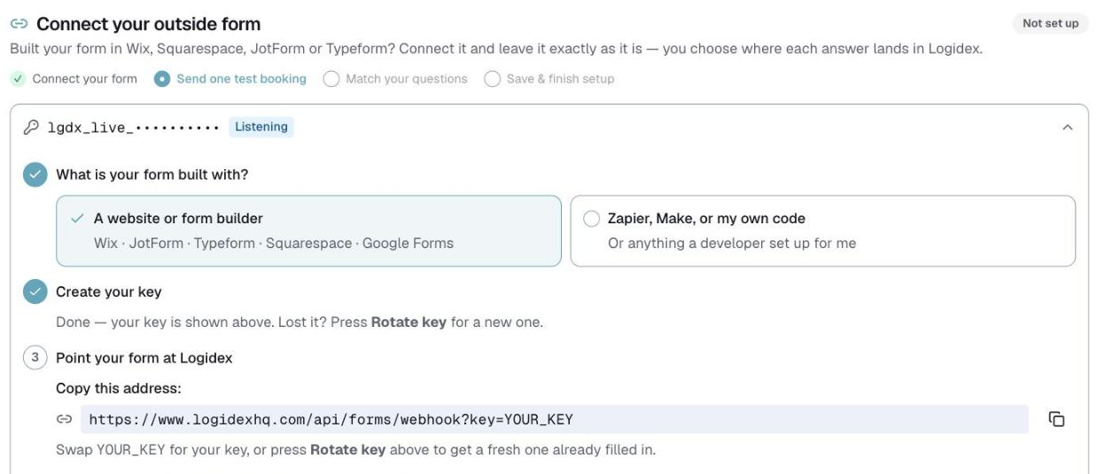 Settings → Booking intake, the form-builder branch with the pasteable address