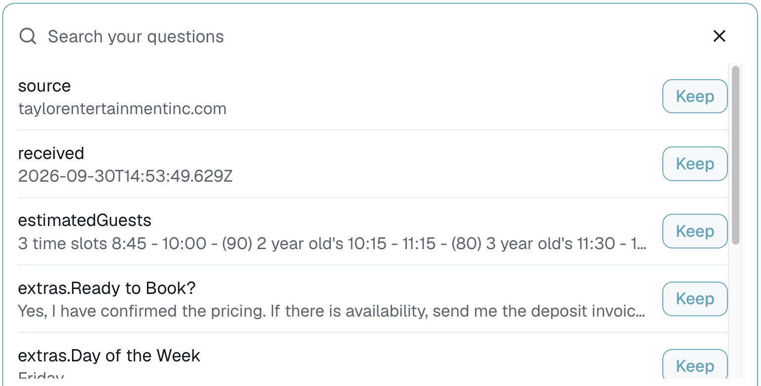 Settings, Booking intake, naming a new field with Keep