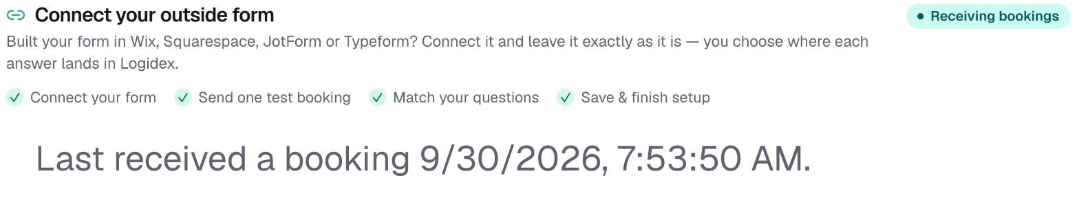 Settings, Booking intake, the connection status and last received line