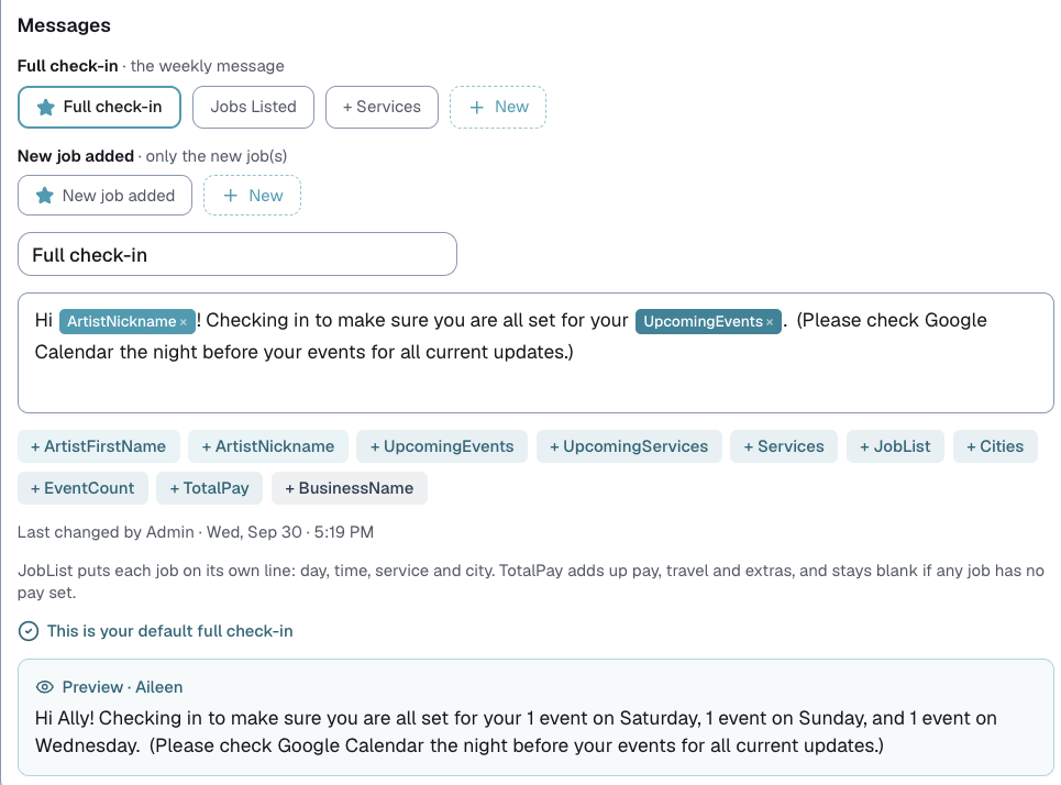 the Messages part of the Staff check-ins card, with the templates, placeholders and preview