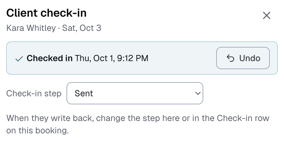 the Client check-in panel on a booking that is already checked in