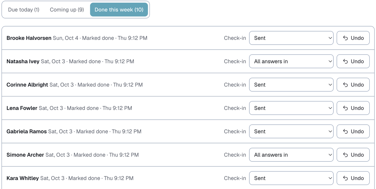 Sent this week, with each client's Check-in step