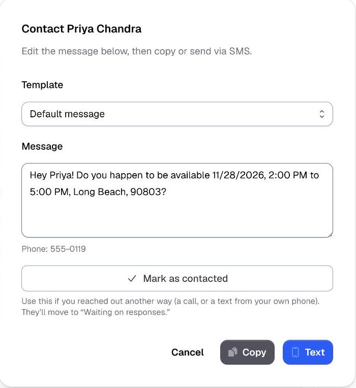 Match & assign, the Contact dialog with the message filled in