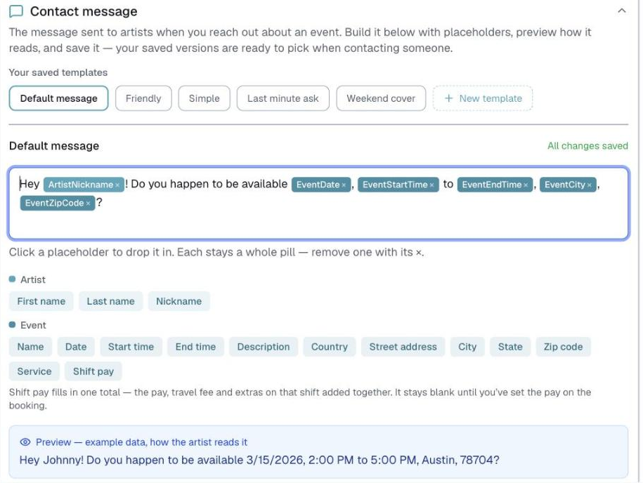 Customize → Contact, the Contact message card