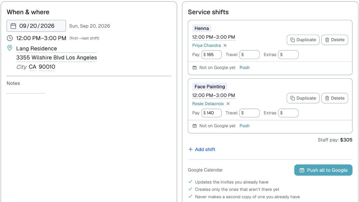 an event card, Service shifts showing two invite boxes