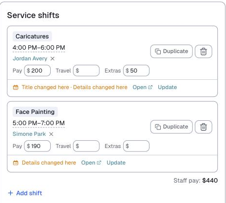 the Service shifts panel, with two shifts on one booking