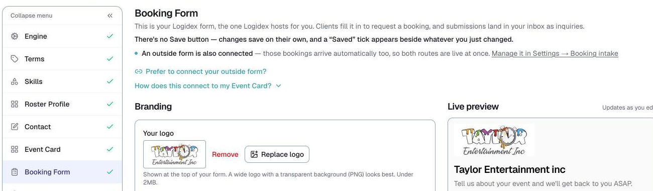 Customize, the Booking Form tab