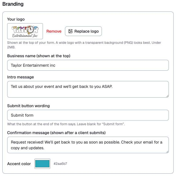 Customize, Booking Form, the Branding section