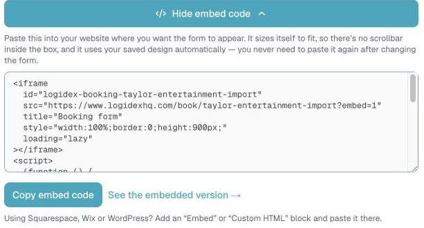 Customize, Booking Form, the embed code