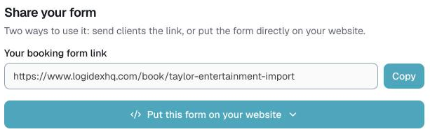 Customize, Booking Form, the Share your form section