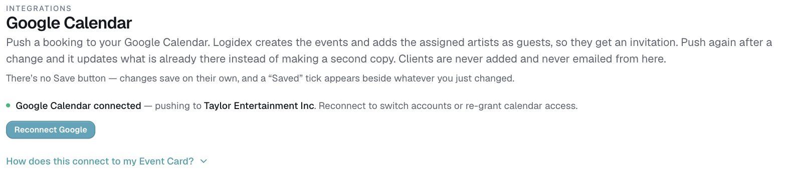 Settings, the Google Calendar page showing connected