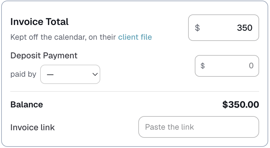 the money card, with the total, the deposit, the balance and the invoice link