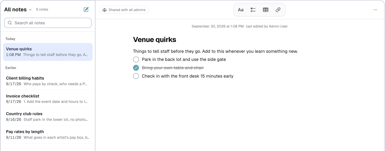 the Notes page with a note open
