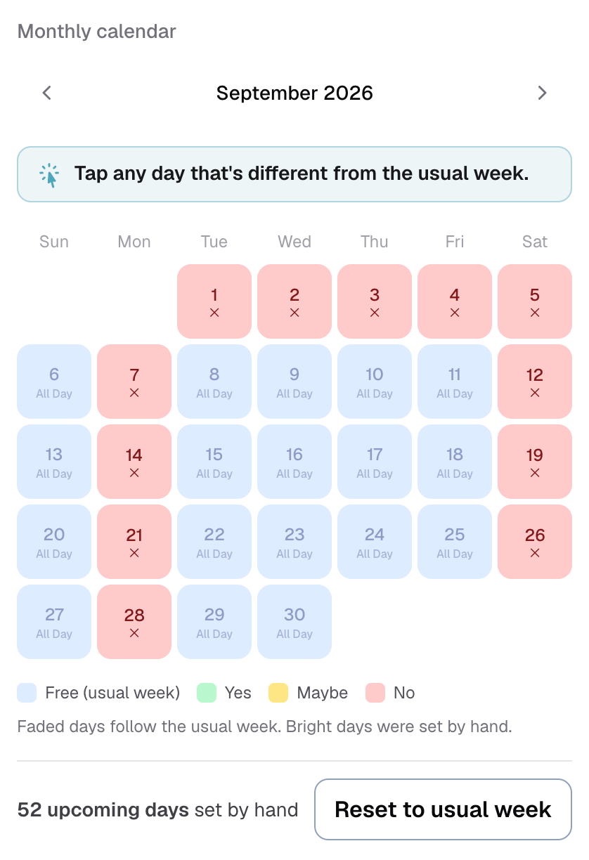 the monthly calendar, with the color key and Reset to usual week underneath