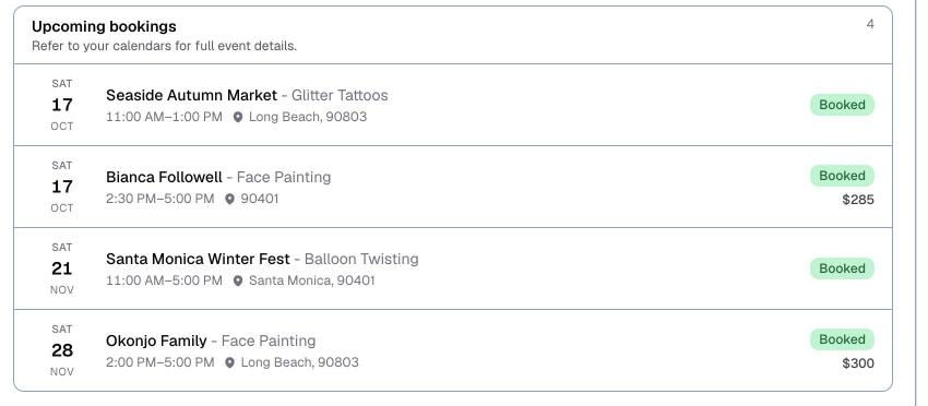 the artist portal, Schedule tab, Upcoming bookings