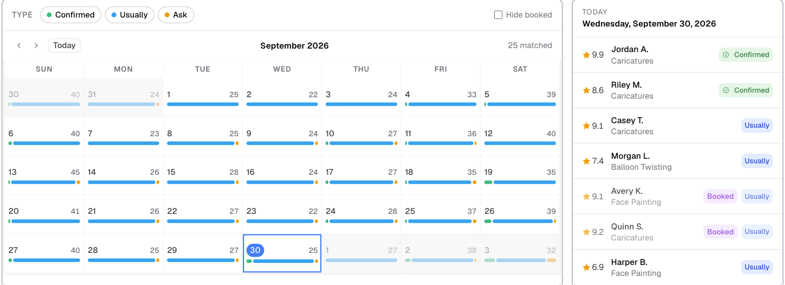 the Roster calendar view with a day selected