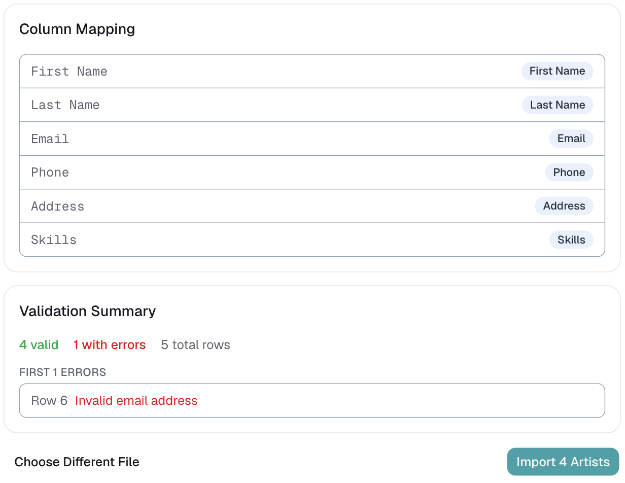 the Column Mapping and Validation Summary screens