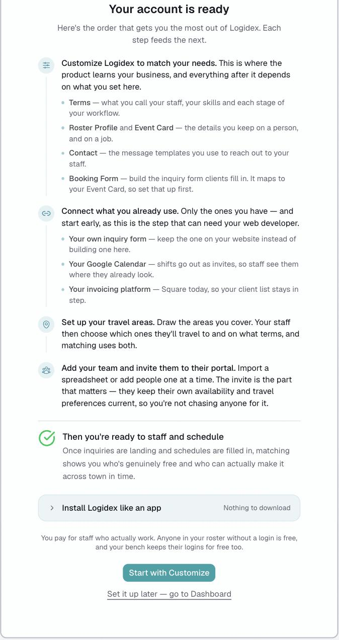 the last screen of signup, showing the four setup steps