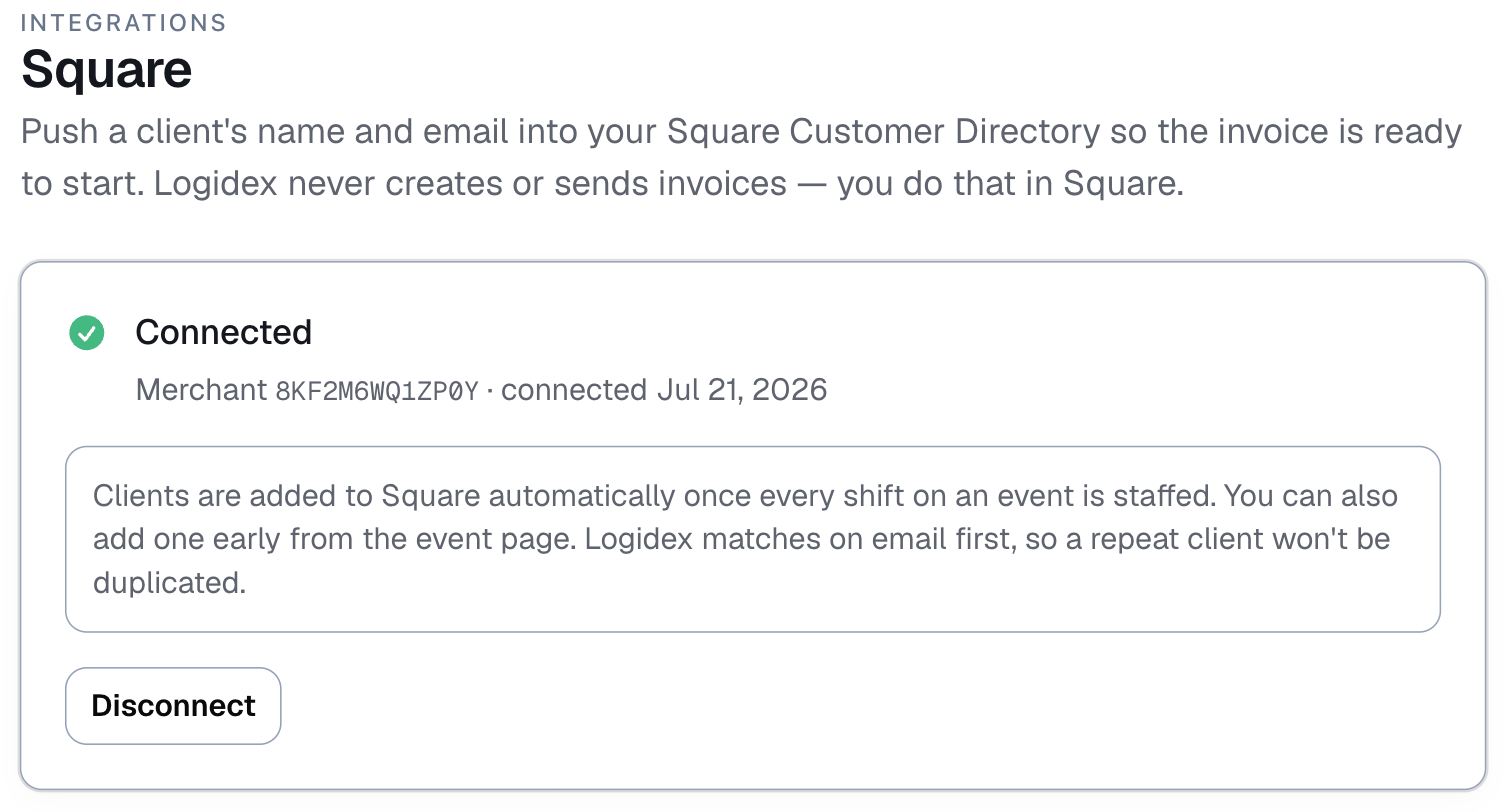 Settings, the Square page showing Connected