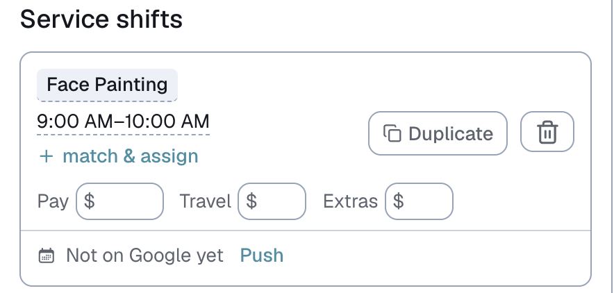 an event card, the unassigned match and assign link on a shift row