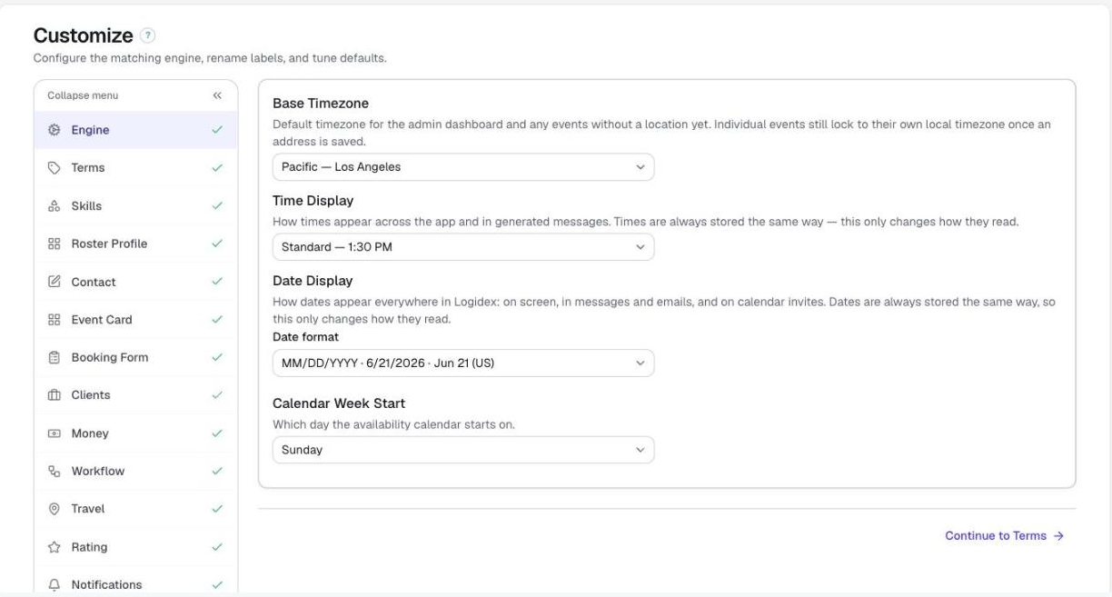 Settings → Customize, showing the section list down the left