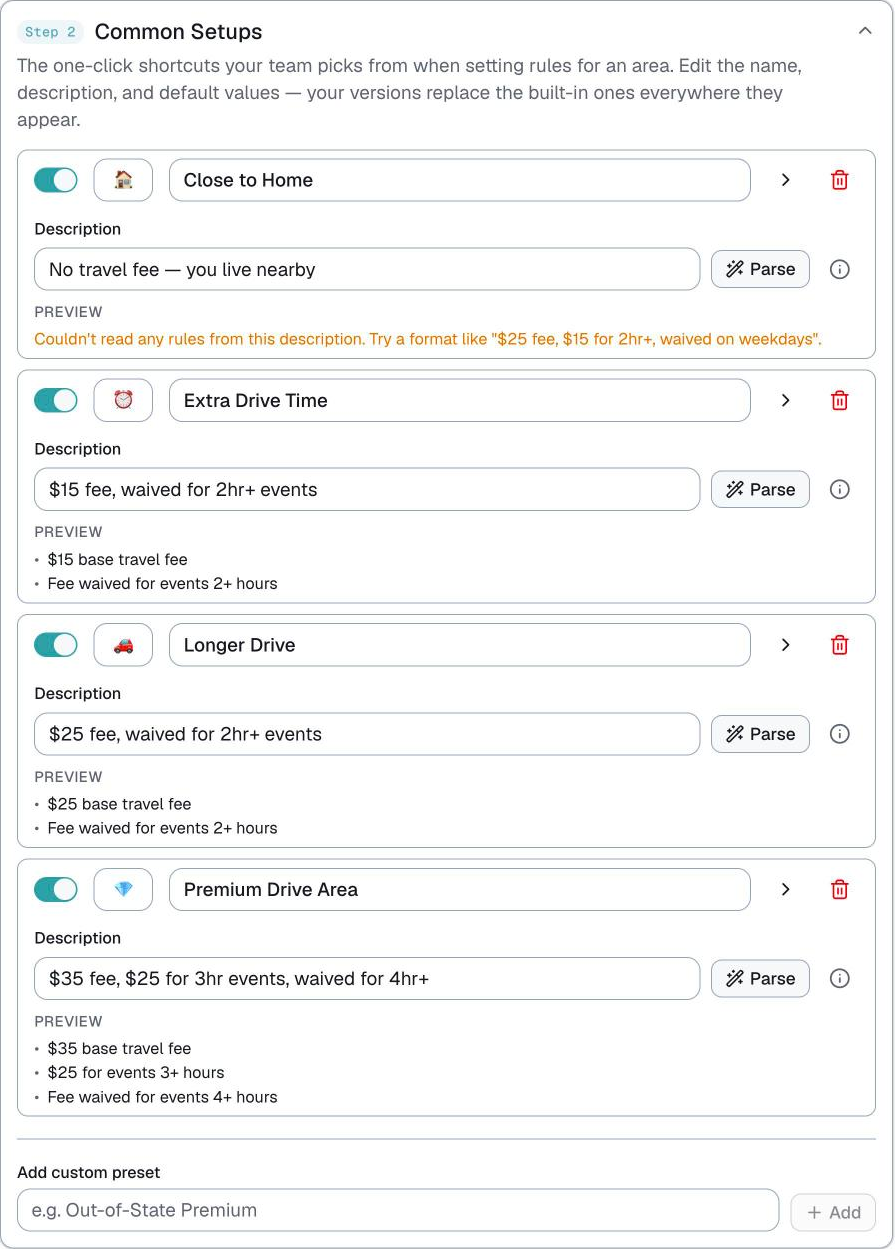 Customize - Travel, the Common Setups list