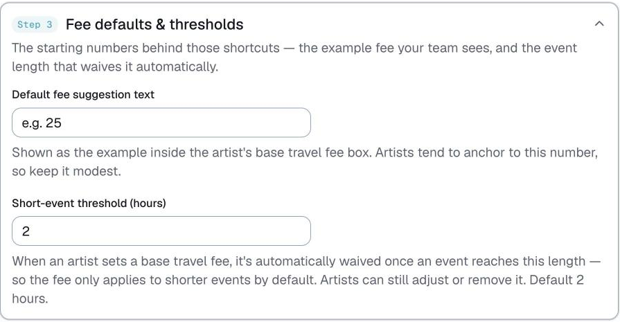 Customize - Travel, Fee defaults and thresholds